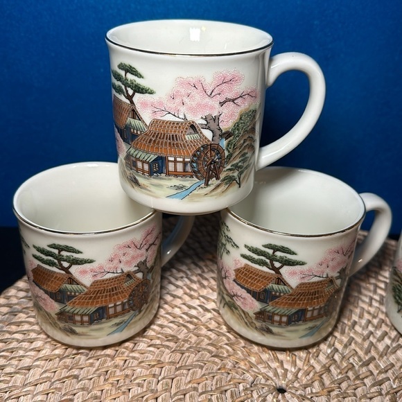 Vintage Japan set of 4 Cherry Tree Watermill Scene Coffee Mug Gold Trim no chips - Picture 2 of 6